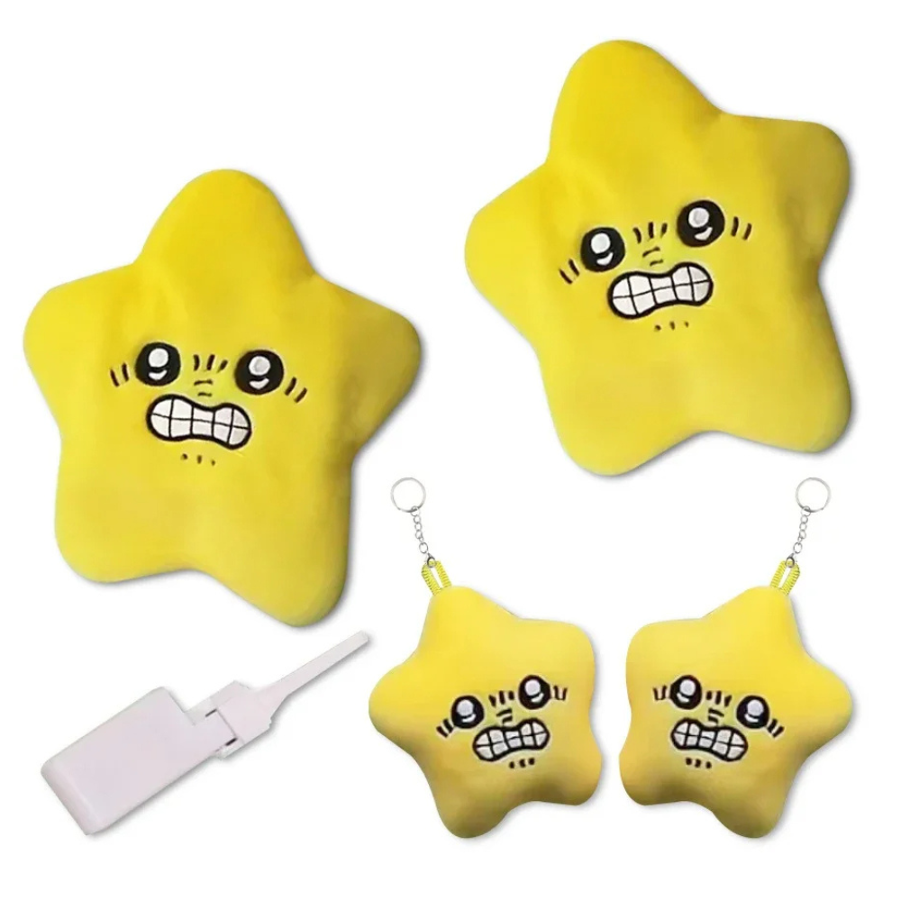 Yellow star-shaped squishy toys with funny faces and keychain attachments, kids gift set