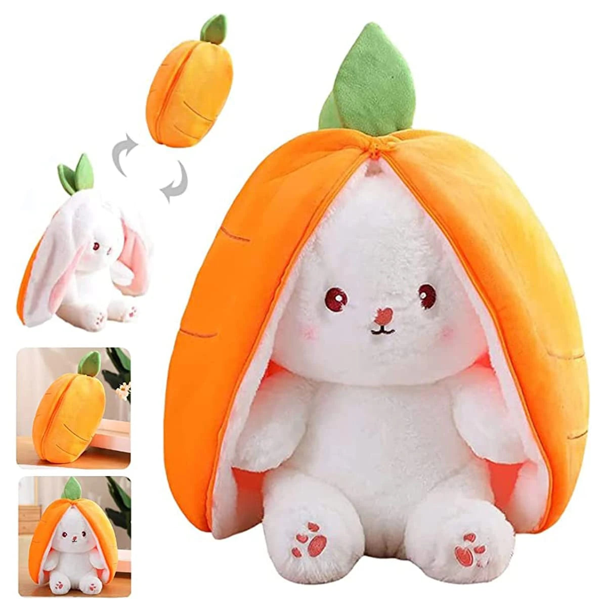 Cute plush bunny toy in an orange carrot costume, soft stuffed animal for kids