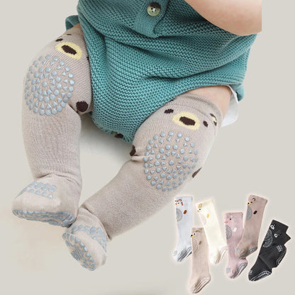 Baby wearing cute animal print anti-slip knee socks, with multiple color options shown