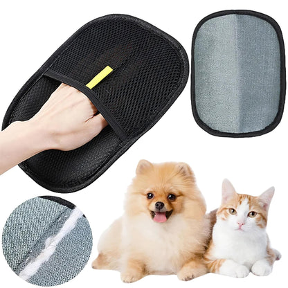 Pet grooming glove for dogs and cats, shown with a fluffy dog and a cat, close-up texture view.
