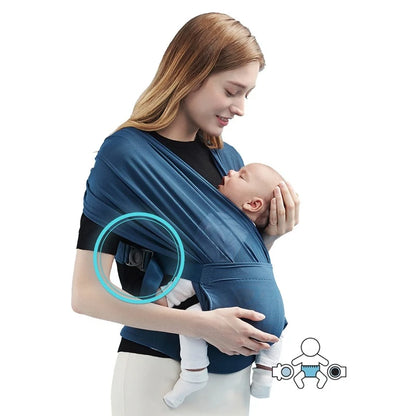 Woman carrying newborn in blue ergonomic baby carrier wrap, adjustable and hands-free.