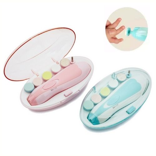 Electric nail trimmer sets in pink and blue cases with multiple filing pads, suitable for kids