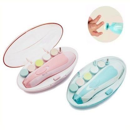 Electric nail trimmer sets in pink and blue cases with multiple filing pads, suitable for kids