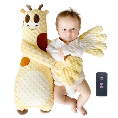 Baby with plush giraffe hug pillow and remote, cozy toy gift for kids