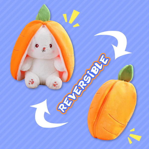Reversible plush toy carrot transforms into cute bunny, soft stuffed animal for kids.