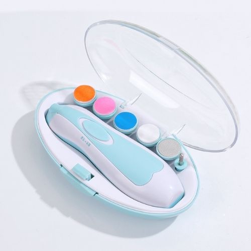Electric nail care kit for kids with colorful filing heads in a compact travel case