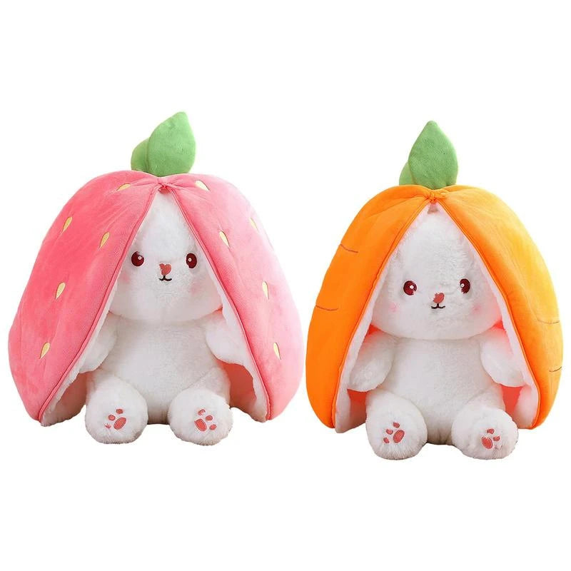 Cute plush bunny toys with fruit-themed hoods, one strawberry and one orange, for kids gifts