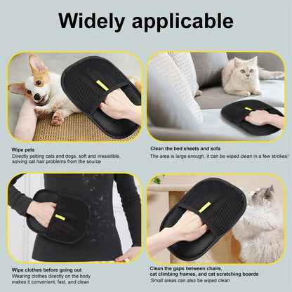 Multi-purpose pet hair remover mitt for cleaning dogs, cats, sofas, and clothes.
