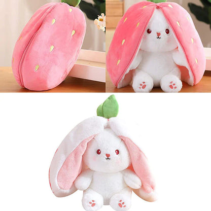Plush bunny toy with pink strawberry-shaped hood, cute kawaii stuffed animal gift for kids
