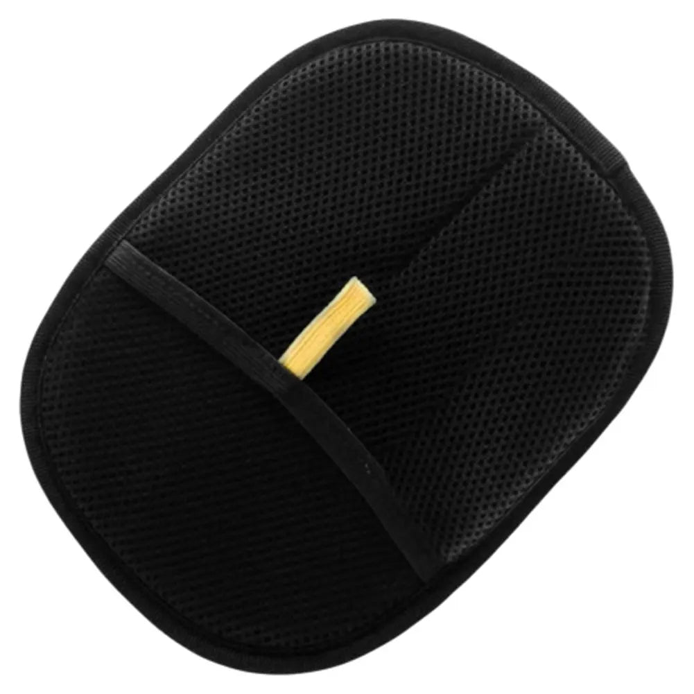 Black mesh exfoliating shower scrubber mitt with elastic hand strap
