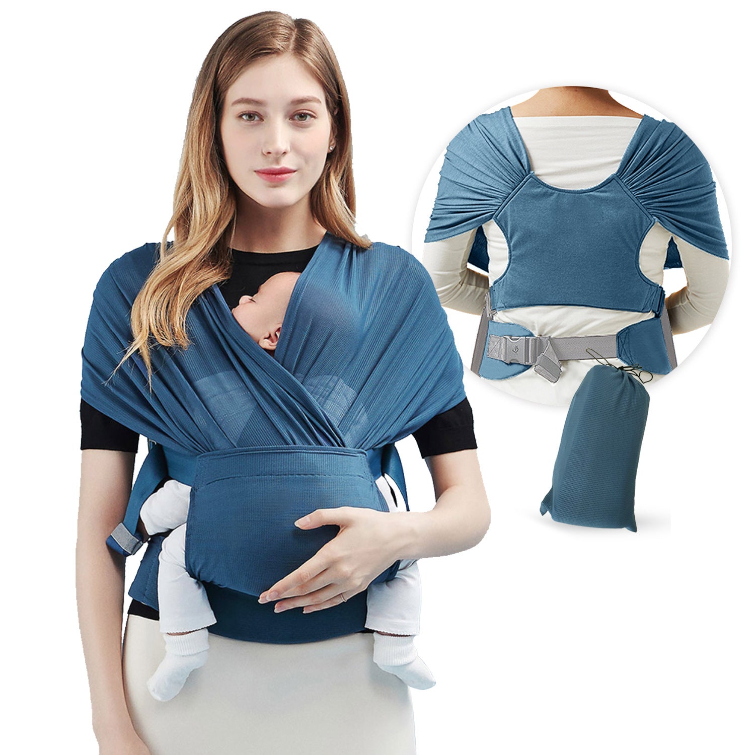 Woman wearing blue baby carrier wrap holding infant, shown with back view and carry bag.