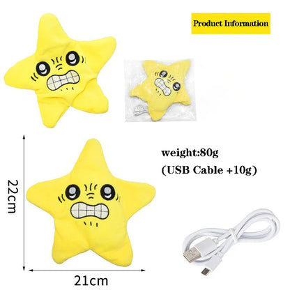 Yellow star-shaped plush toy with cartoon face, USB charging cable, and size details