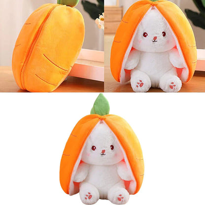 Plush white bunny toy inside a soft orange carrot-shaped cover, cute kids gift
