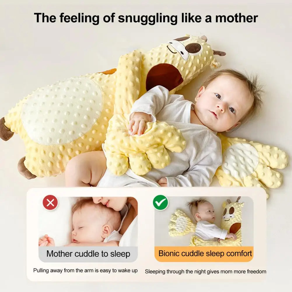 Baby lying with soft yellow giraffe plush toy for bionic cuddle sleep comfort, cozy toy for kids