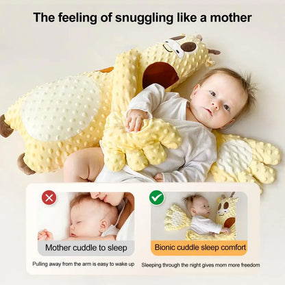 Baby lying with soft yellow giraffe plush toy for bionic cuddle sleep comfort, cozy toy for kids