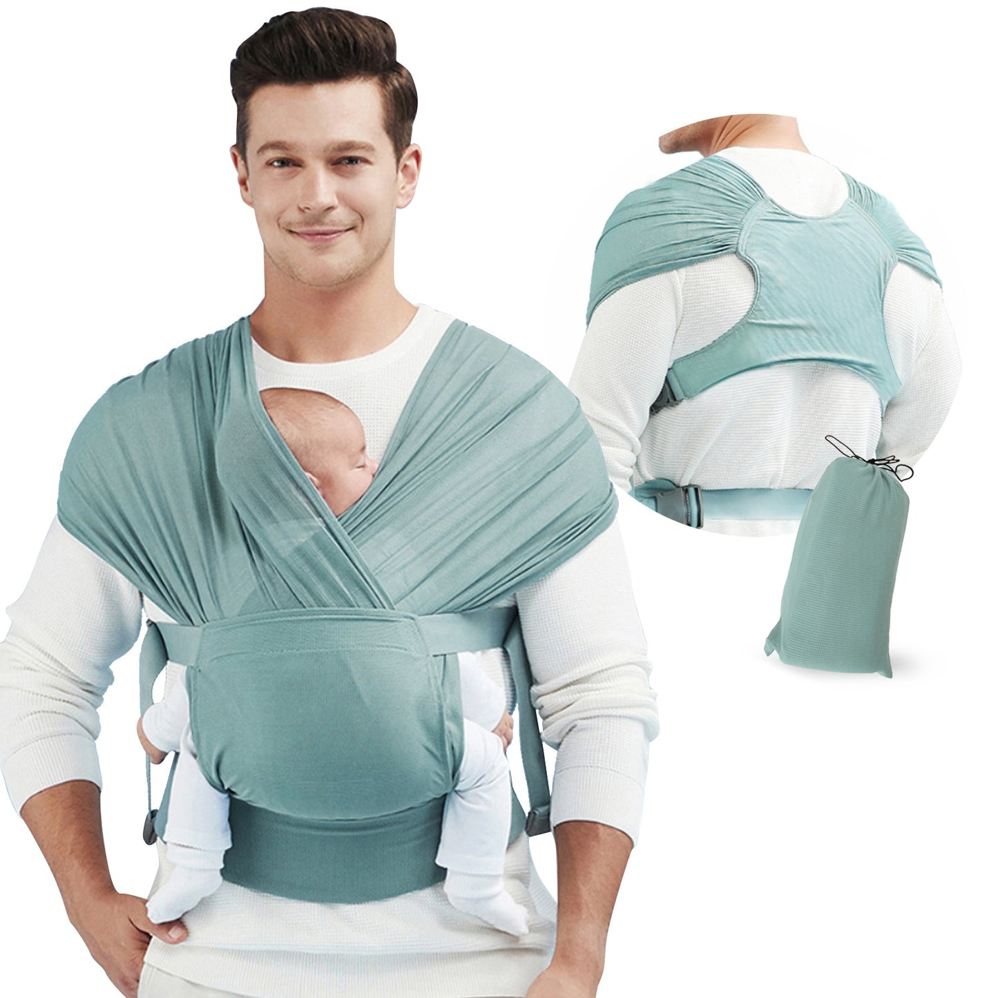 Man using ergonomic baby carrier wrap with infant, back view and carry bag shown