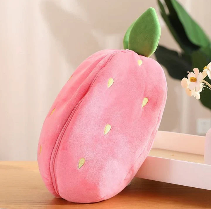 Plush pink strawberry pillow with green leaf, cute kids room decor