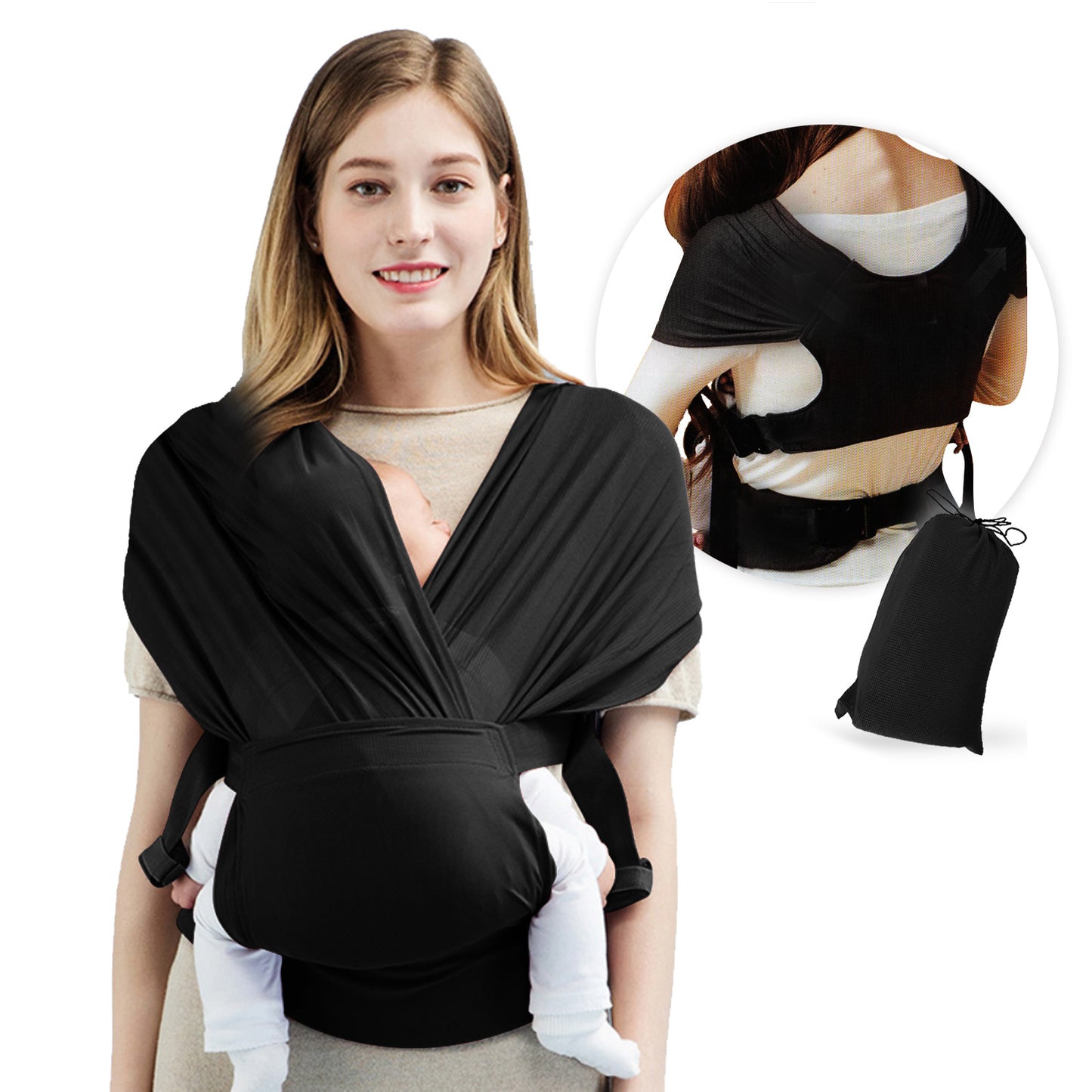 Smiling woman wearing black baby carrier wrap holding infant, ergonomic and comfortable design