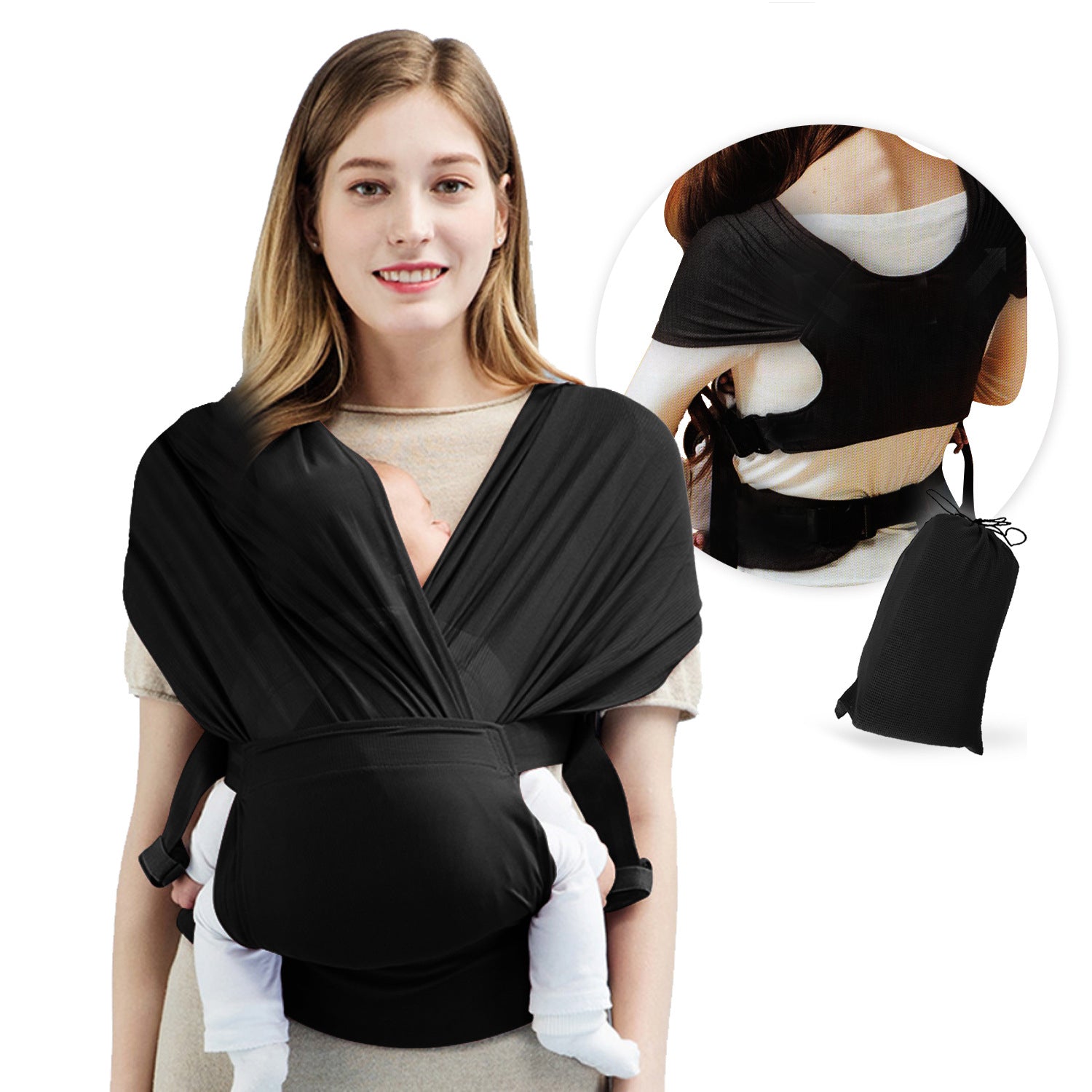 Smiling woman wearing black baby carrier wrap holding infant, ergonomic and comfortable design