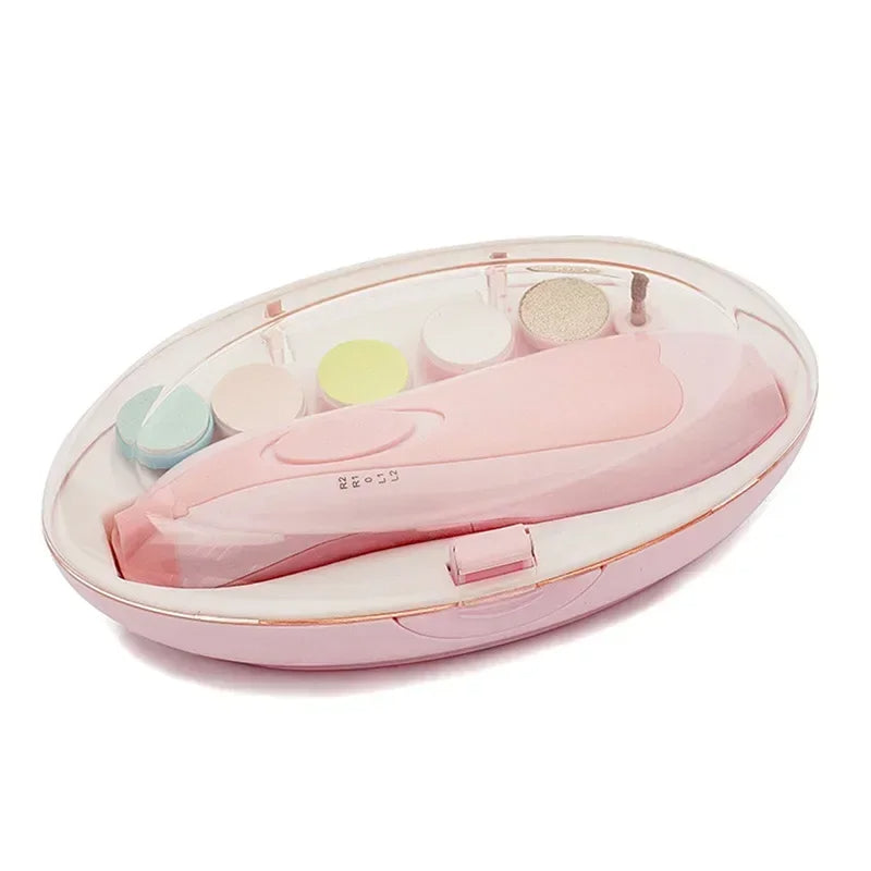 Pink electric nail care kit for kids with colorful filing pads in a compact case
