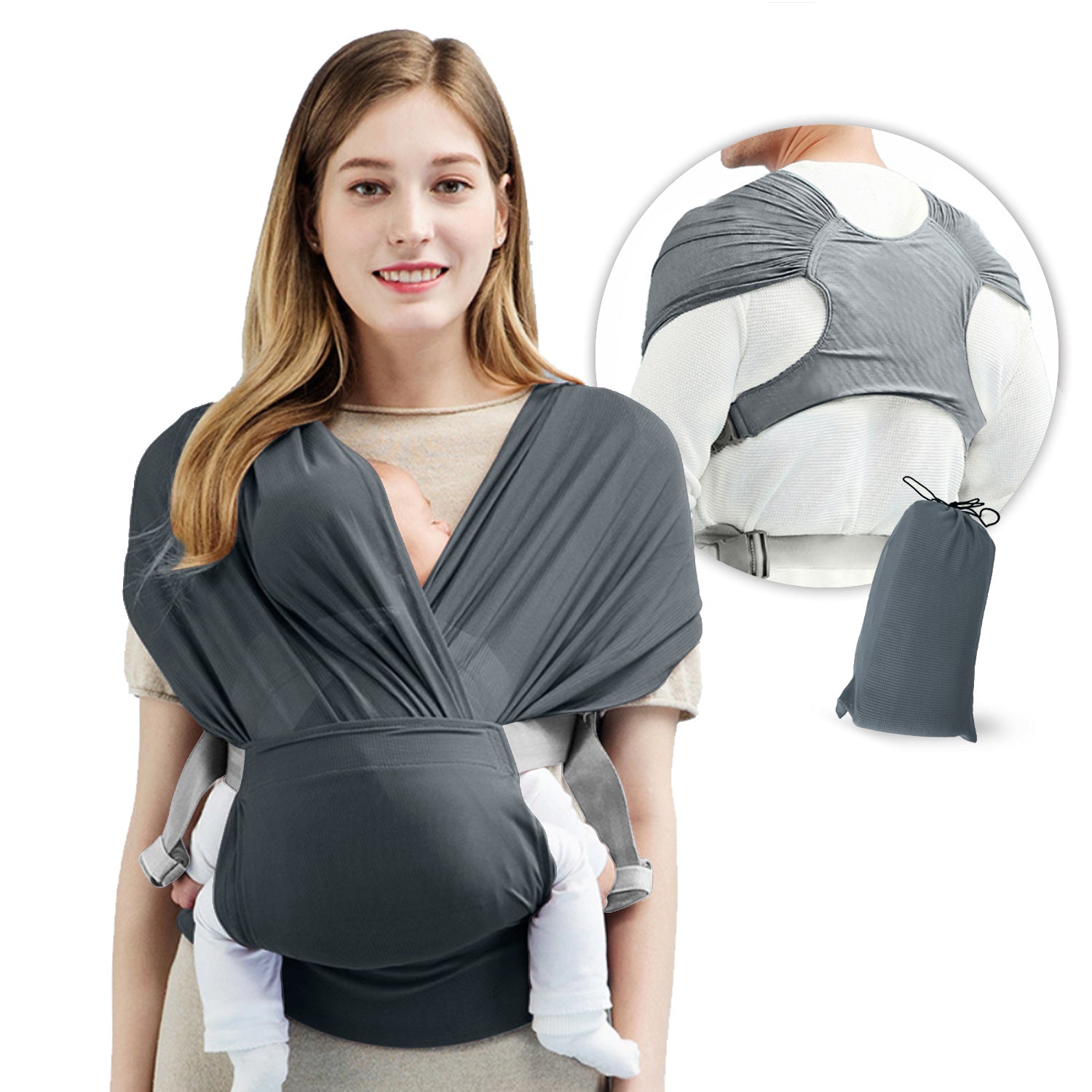 Woman using gray baby carrier wrap with newborn; product details and storage bag shown