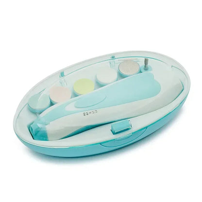Electric baby nail trimmer set in a blue case with multiple filing pads, safe for kids