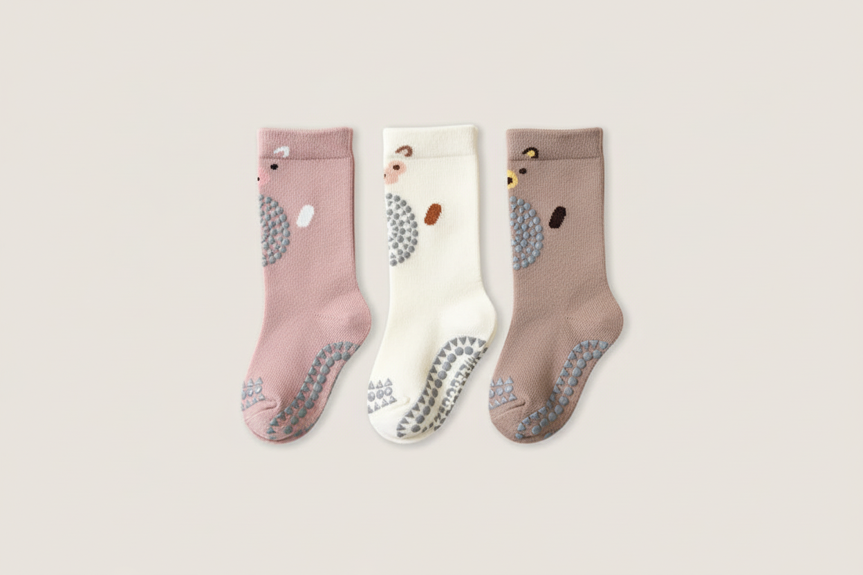 Three pairs of socks in pink, white, and brown on a light gray background
